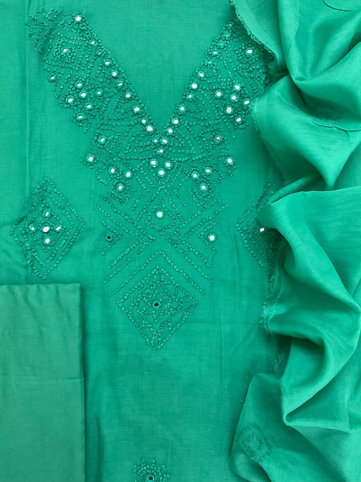 Pure Chanderi Embroidered Suit - Green