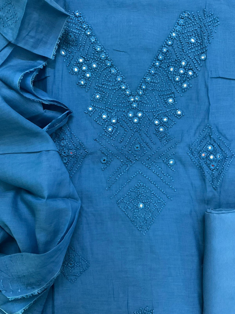 Image of Pure Chanderi Embroidered Suit - Blue