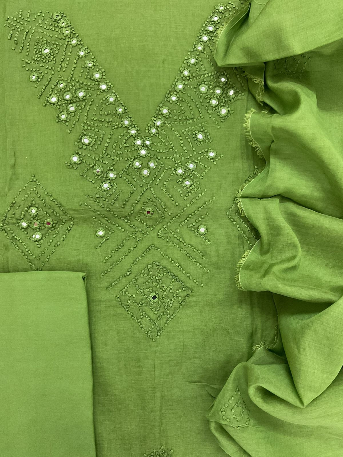 Pure Chanderi Embroidered Suit - Green