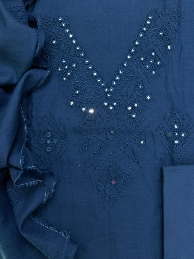 Image of Pure Chanderi Embroidered Suit - Blue
