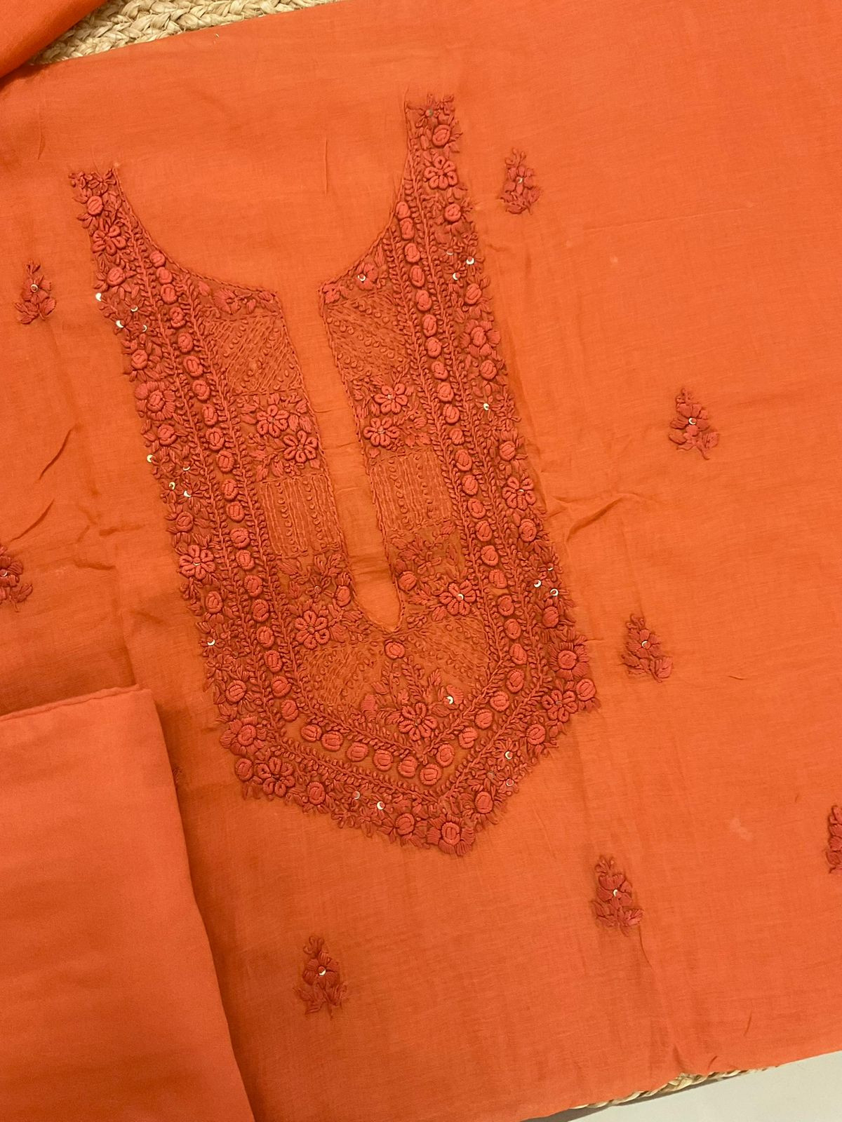 Pure Chanderi Embroidered Suit - Orange