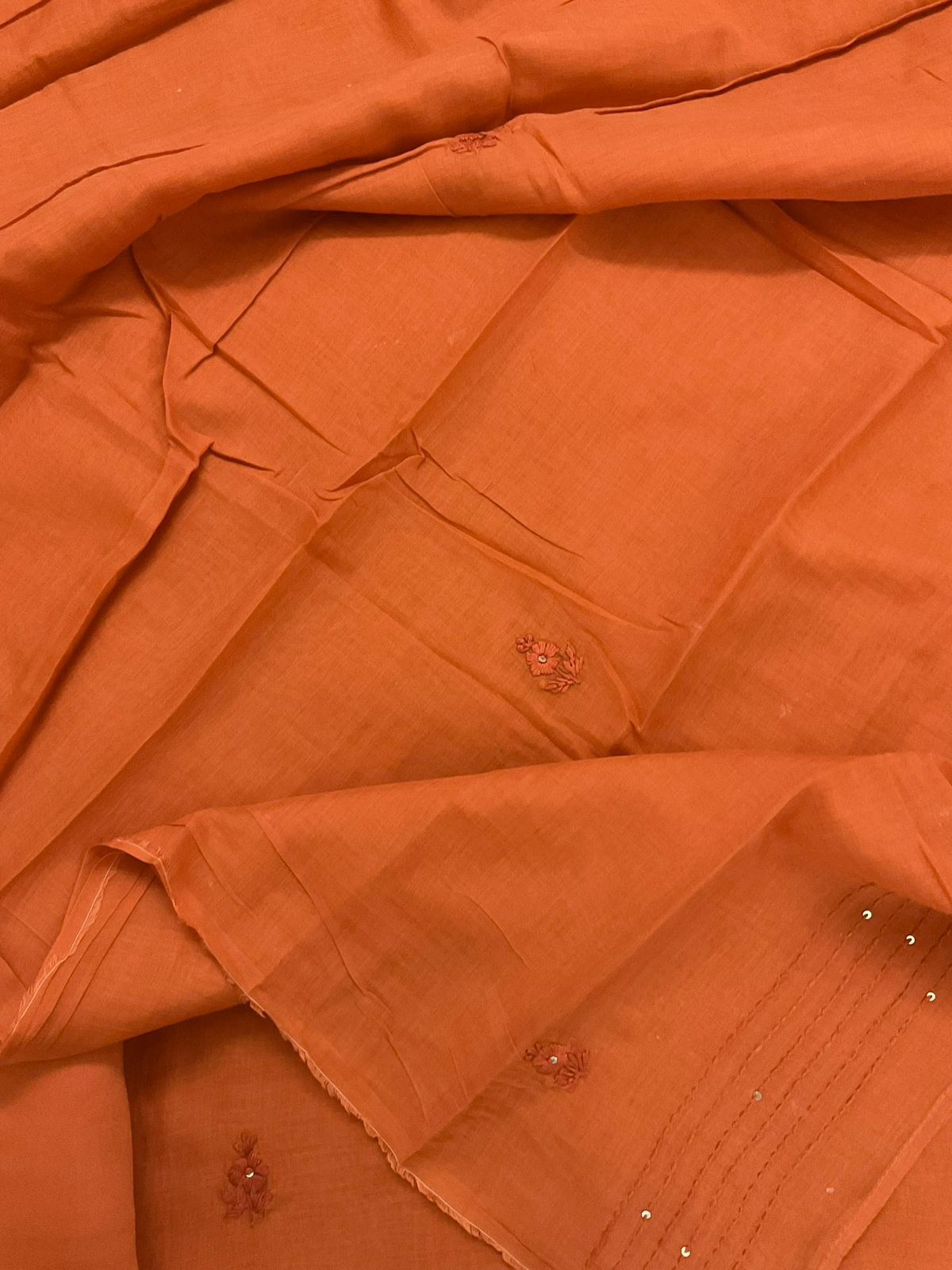 Pure Chanderi Embroidered Suit - Orange