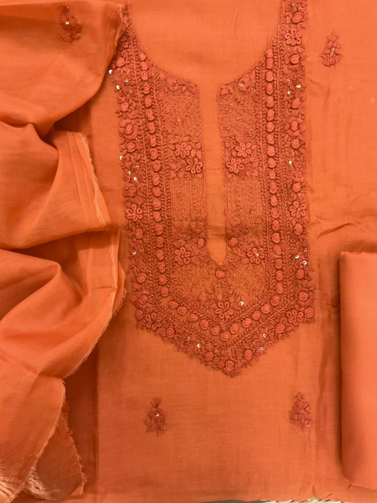 Image of Pure Chanderi Embroidered Suit - Orange