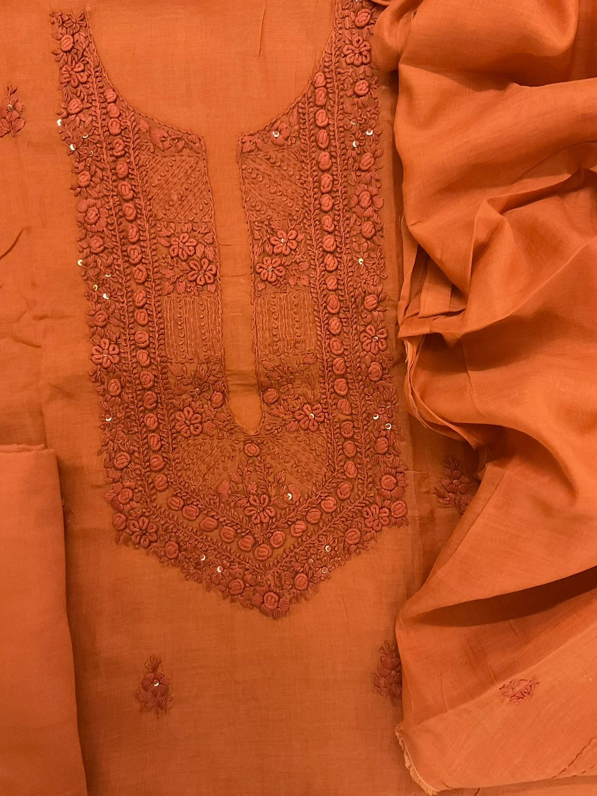 Pure Chanderi Embroidered Suit - Orange