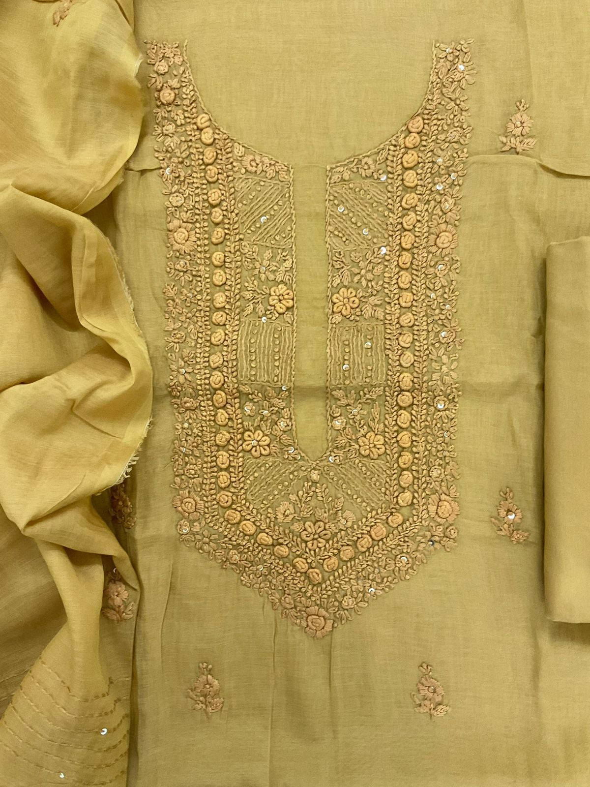 Pure Chanderi Embroidered Suit - Mustard