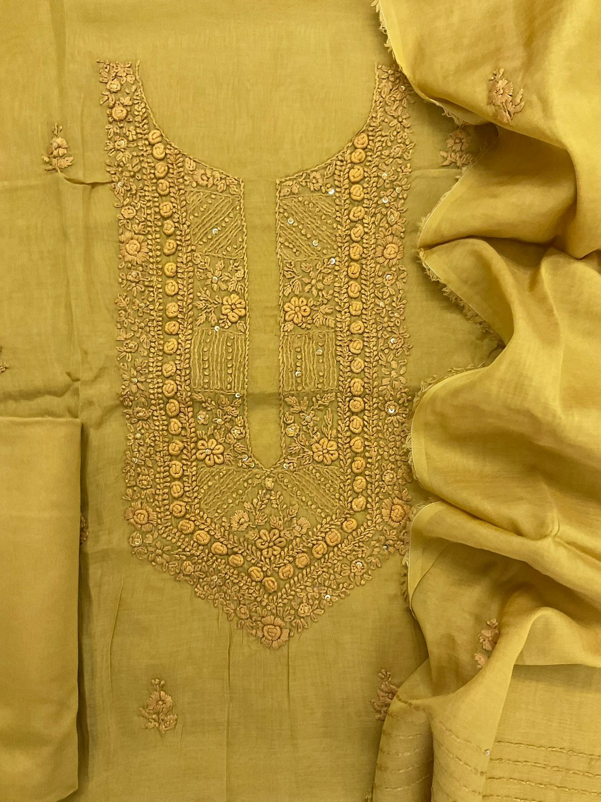 Pure Chanderi Embroidered Suit - Mustard