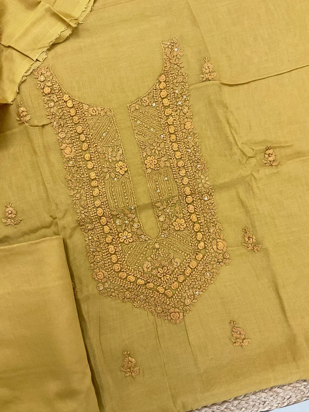 Pure Chanderi Embroidered Suit - Mustard