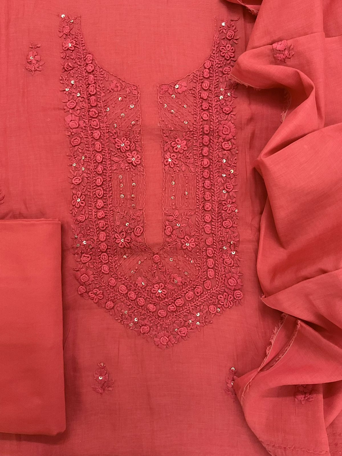 Pure Chanderi Embroidered Suit - Red