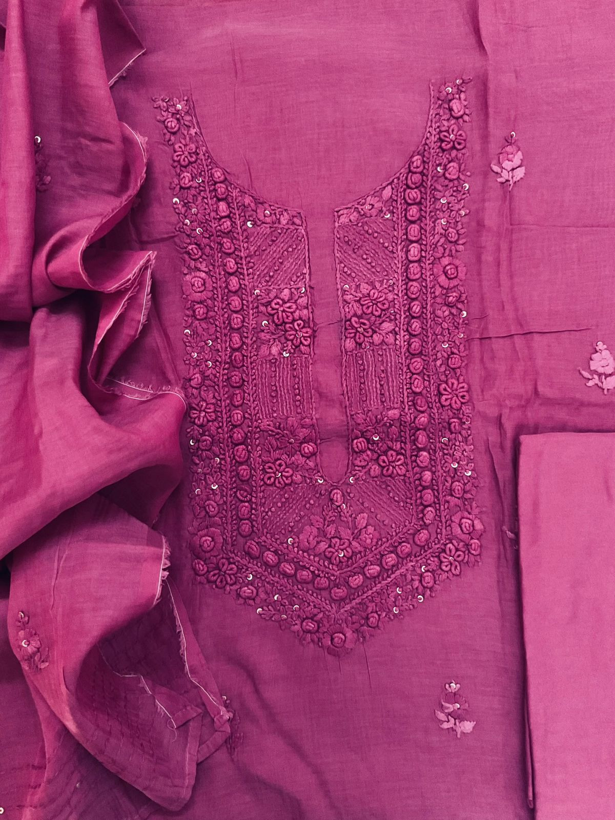 Pure Chanderi Embroidered Suit - Wine