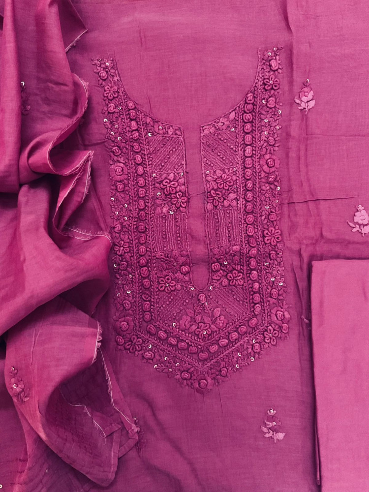 Image of Pure Chanderi Embroidered Suit - Wine