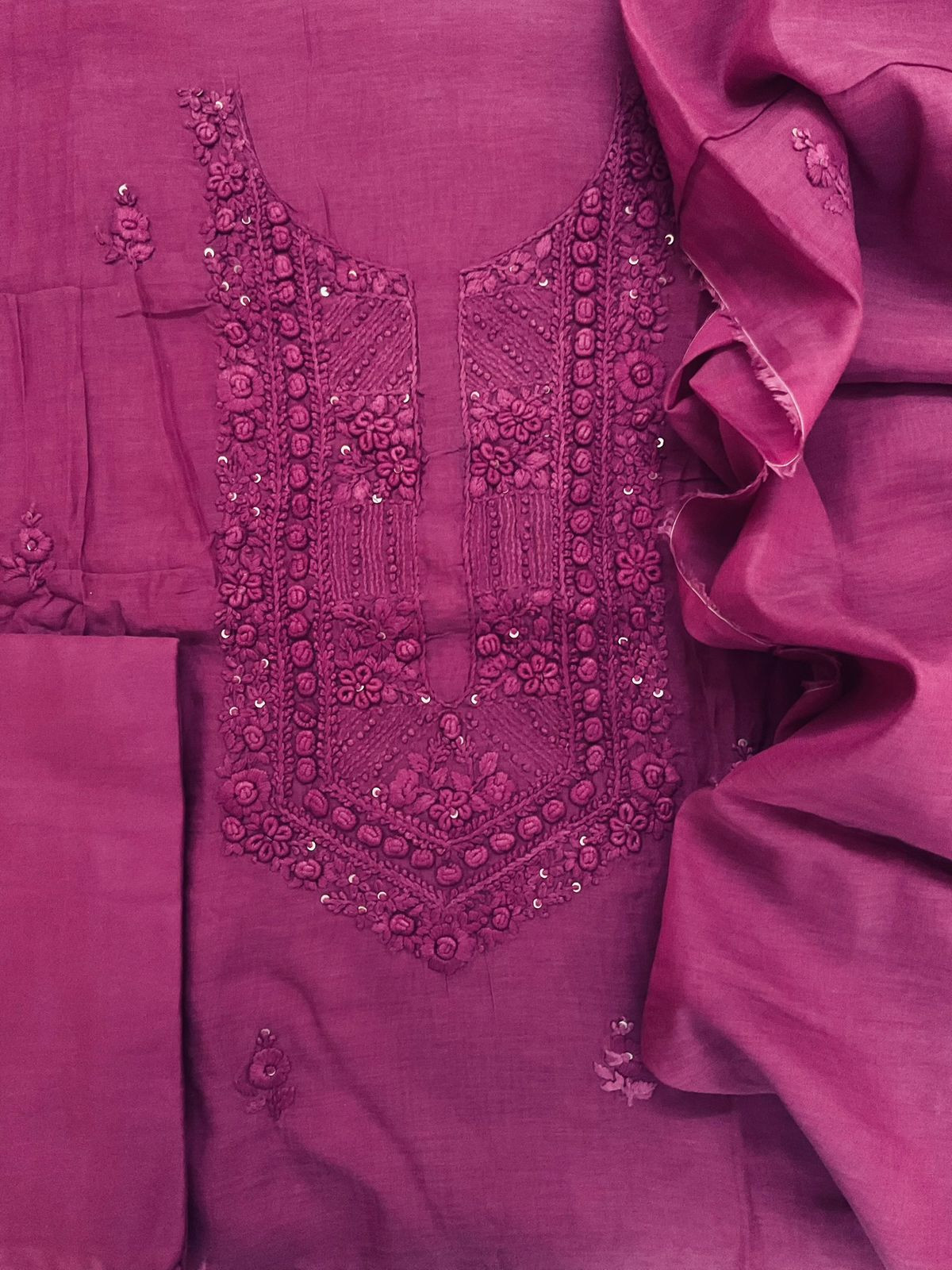 Pure Chanderi Embroidered Suit - Wine