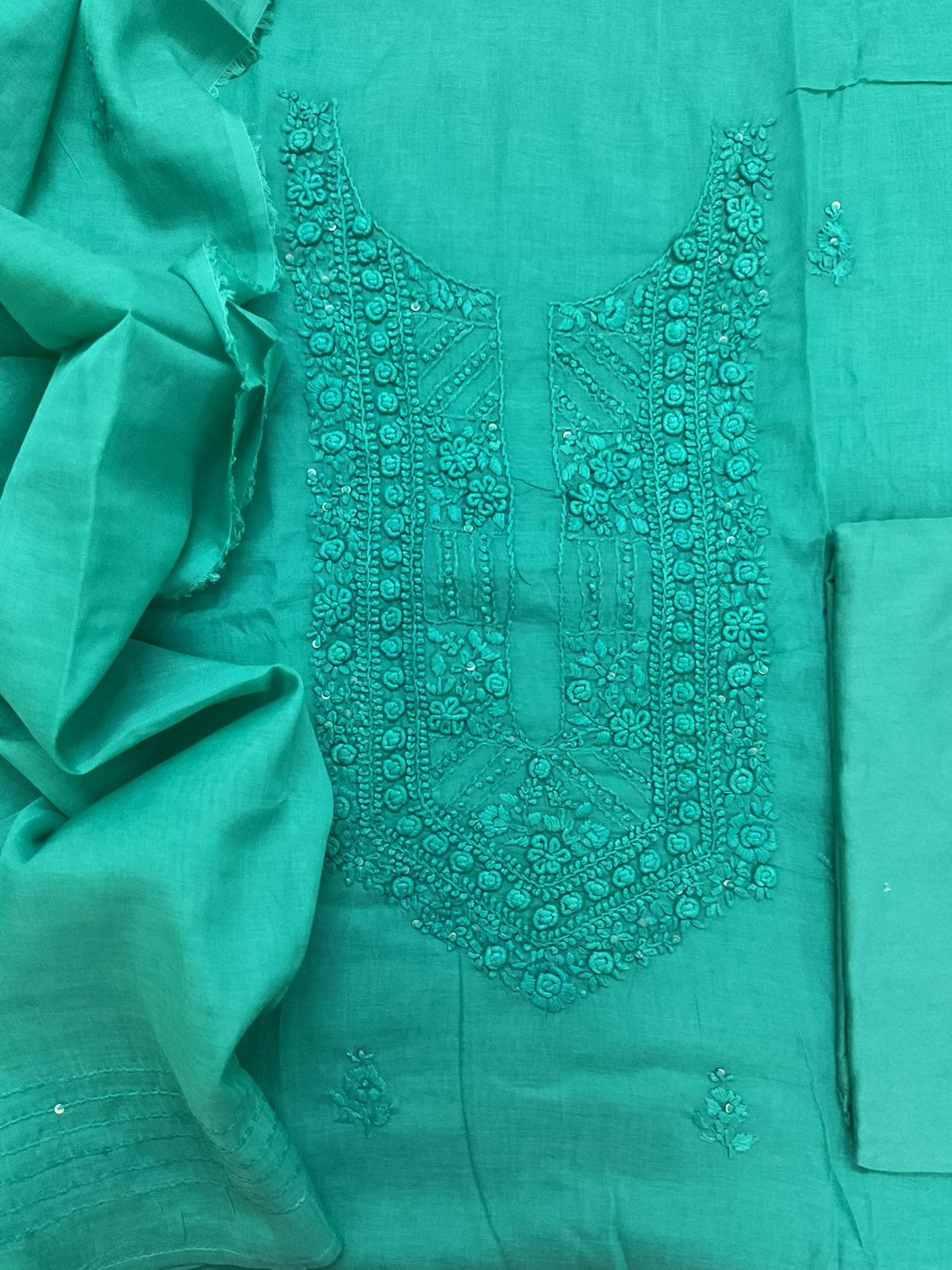 Pure Chanderi Embroidered Suit - Green