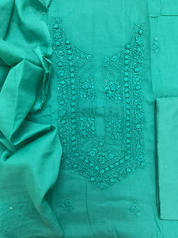 Image of Pure Chanderi Embroidered Suit - Green