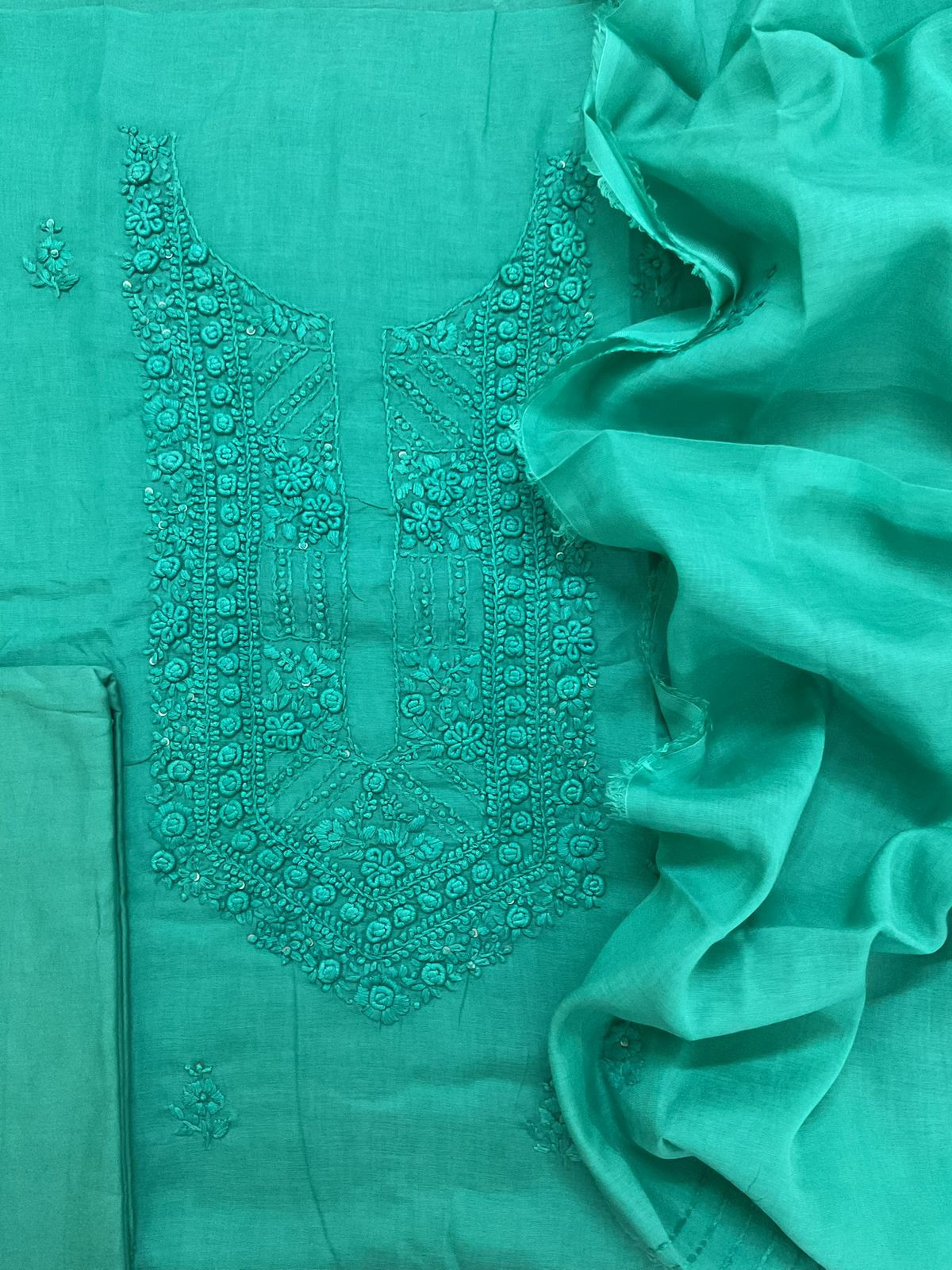 Pure Chanderi Embroidered Suit - Green