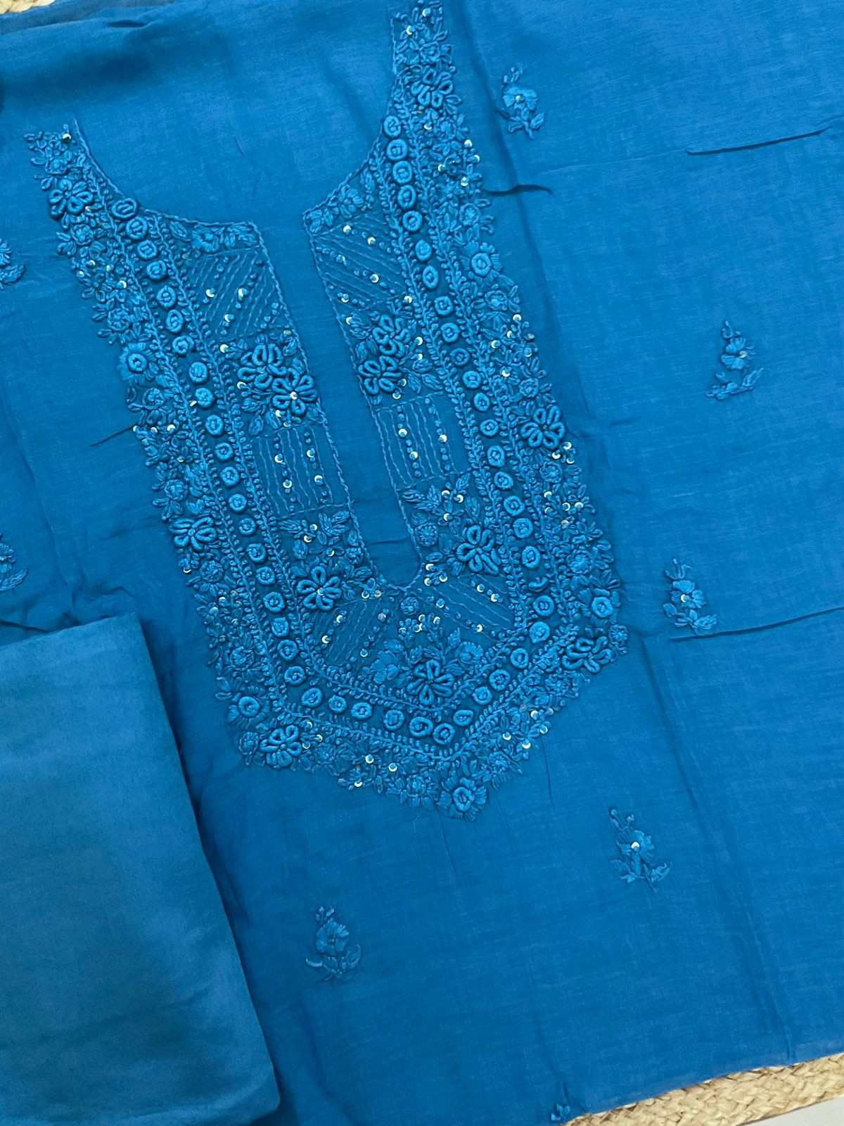 Pure Chanderi Embroidered Suit - Blue