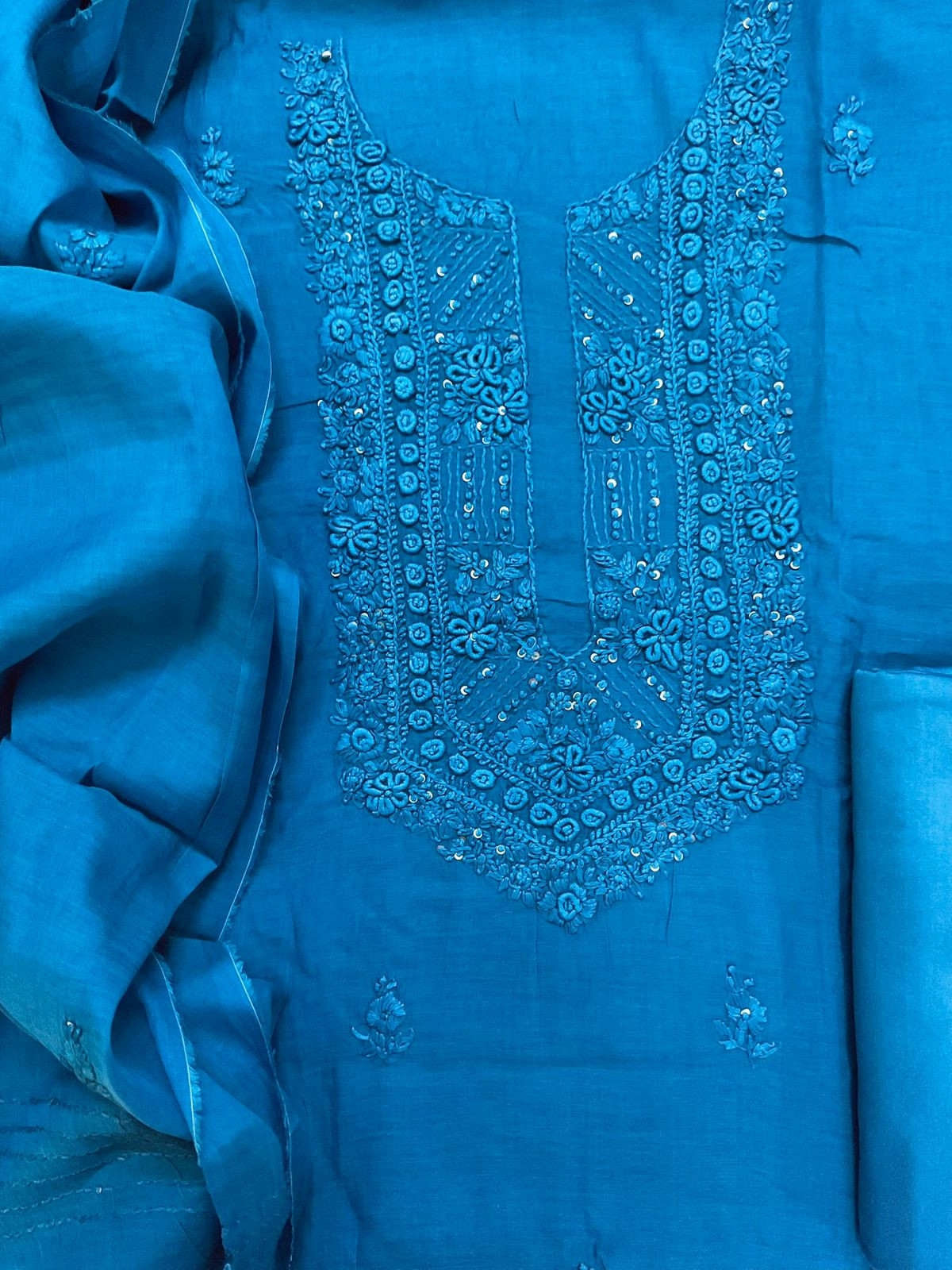 Pure Chanderi Embroidered Suit - Blue