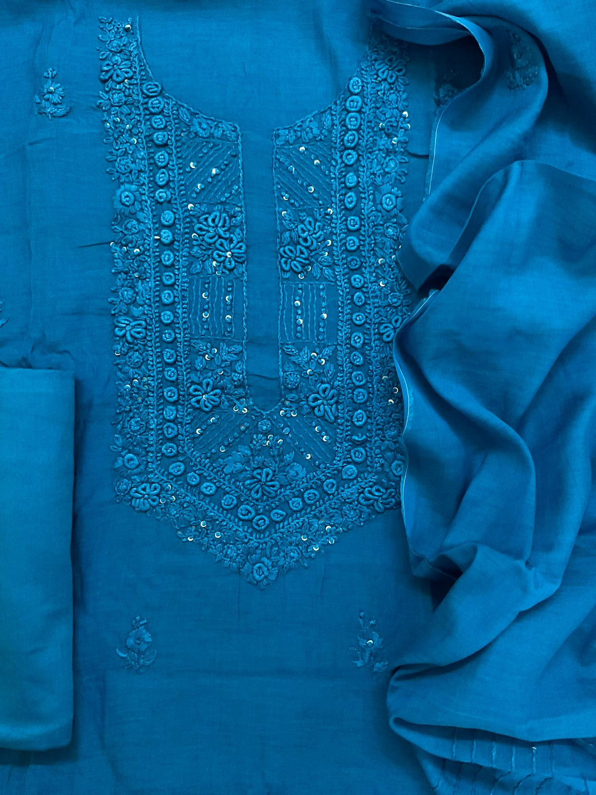 Pure Chanderi Embroidered Suit - Blue