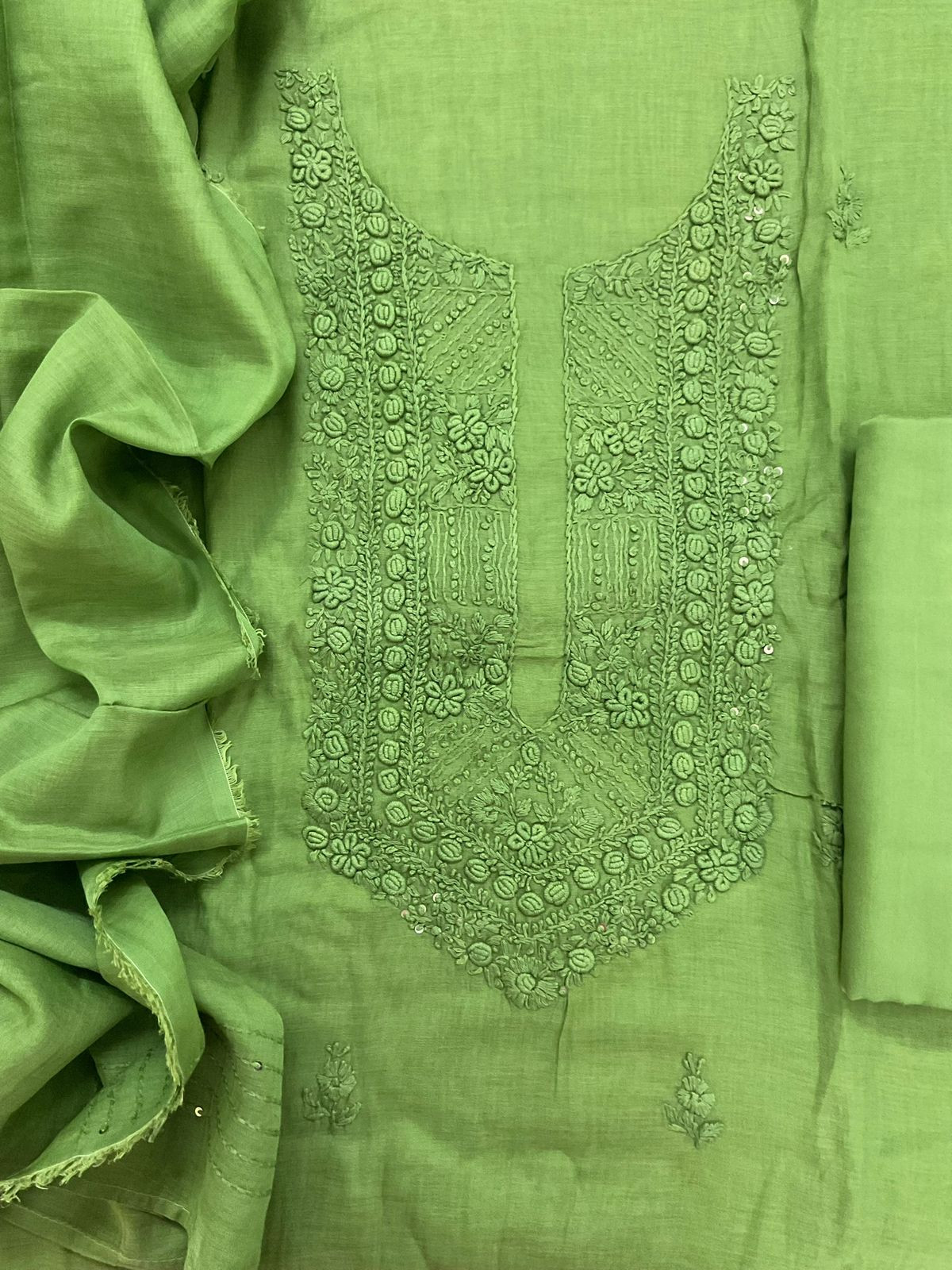 Pure Chanderi Embroidered Suit - Green