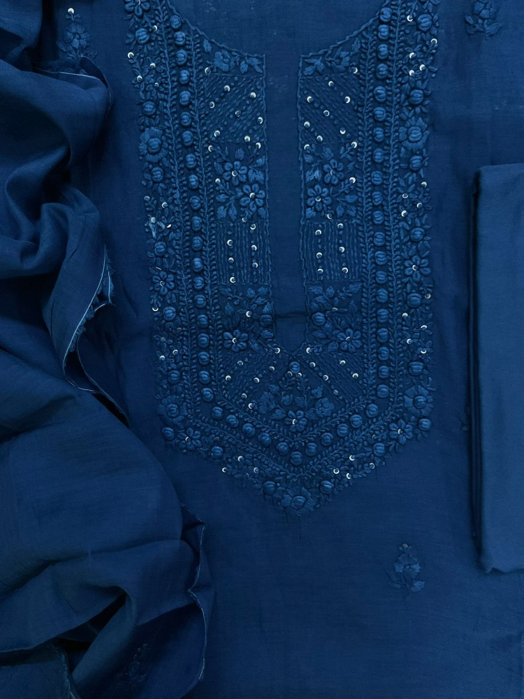 Image of Pure Chanderi Embroidered Suit - Blue