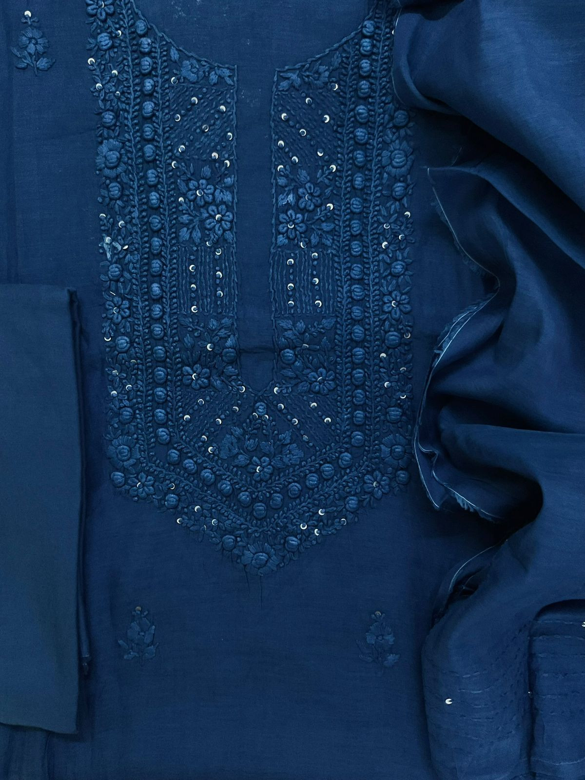 Pure Chanderi Embroidered Suit - Blue