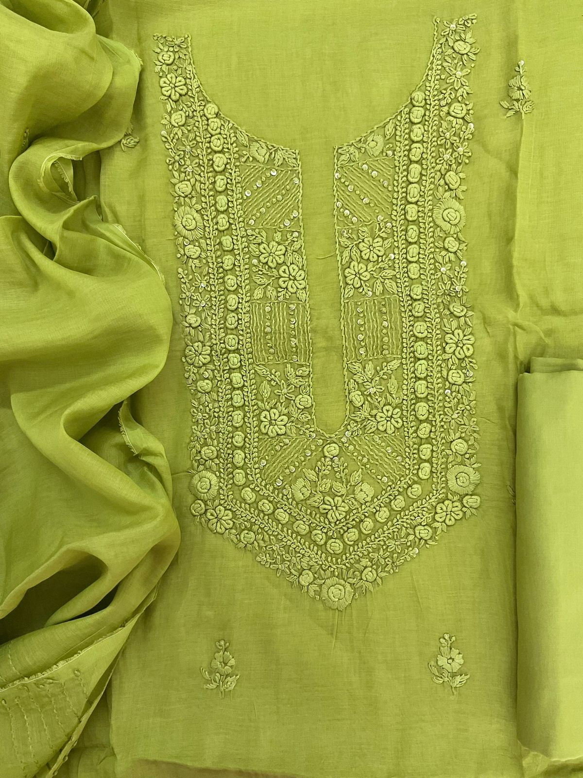 Pure Chanderi Embroidered Suit - Green