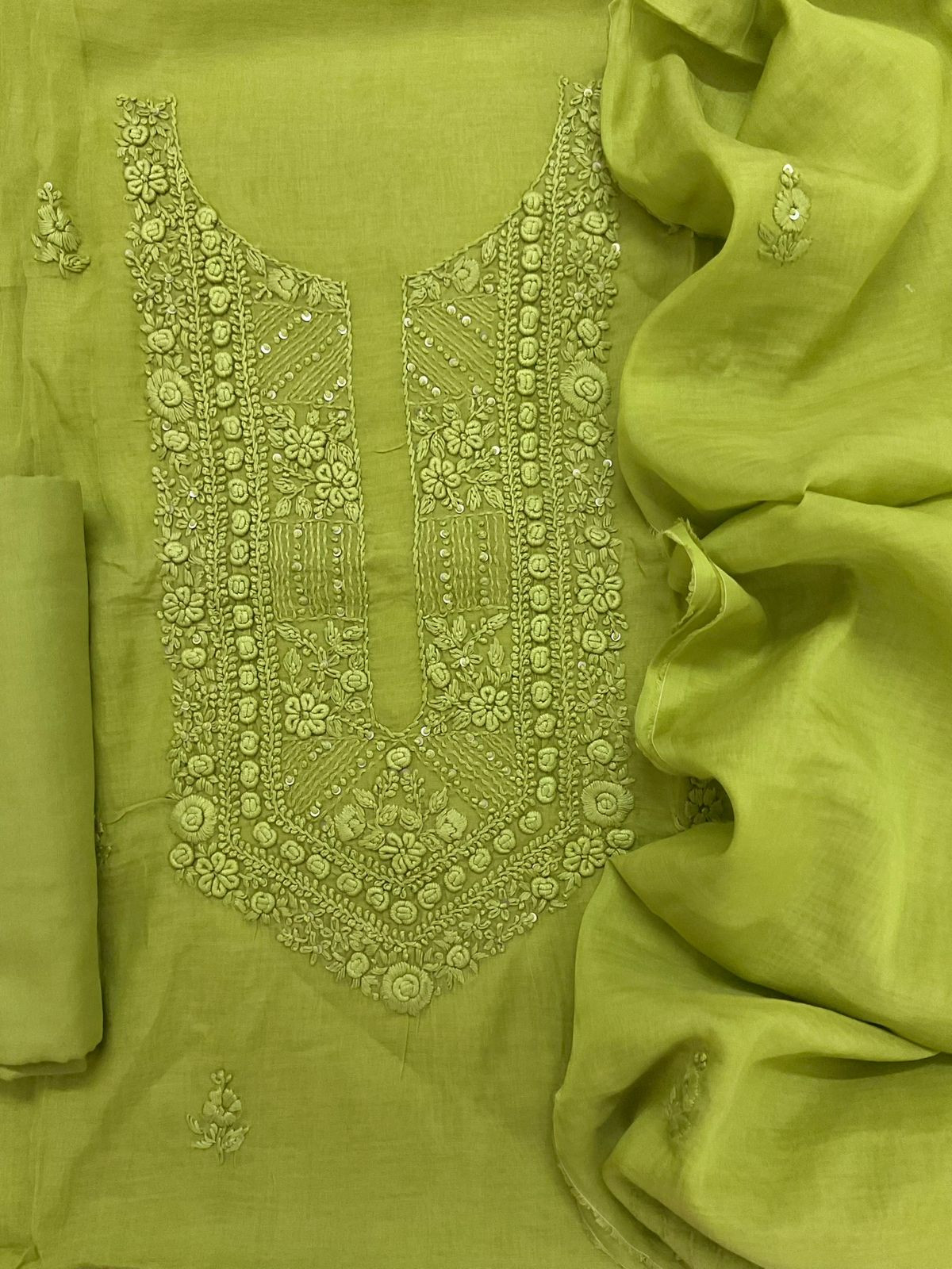 Pure Chanderi Embroidered Suit - Green