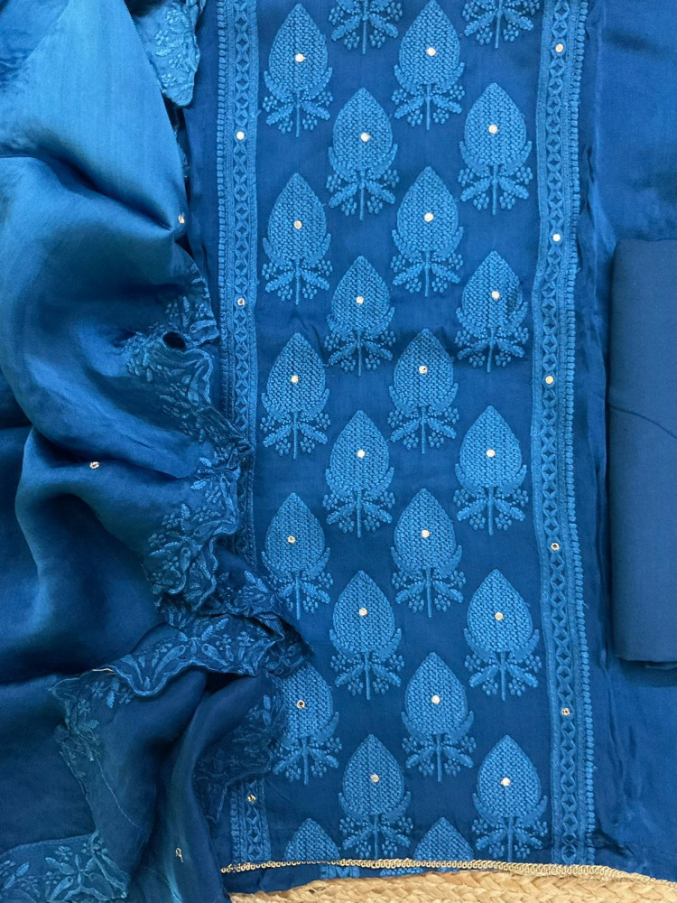 Image of Pure Modal Silk Embroidered Suit - Blue