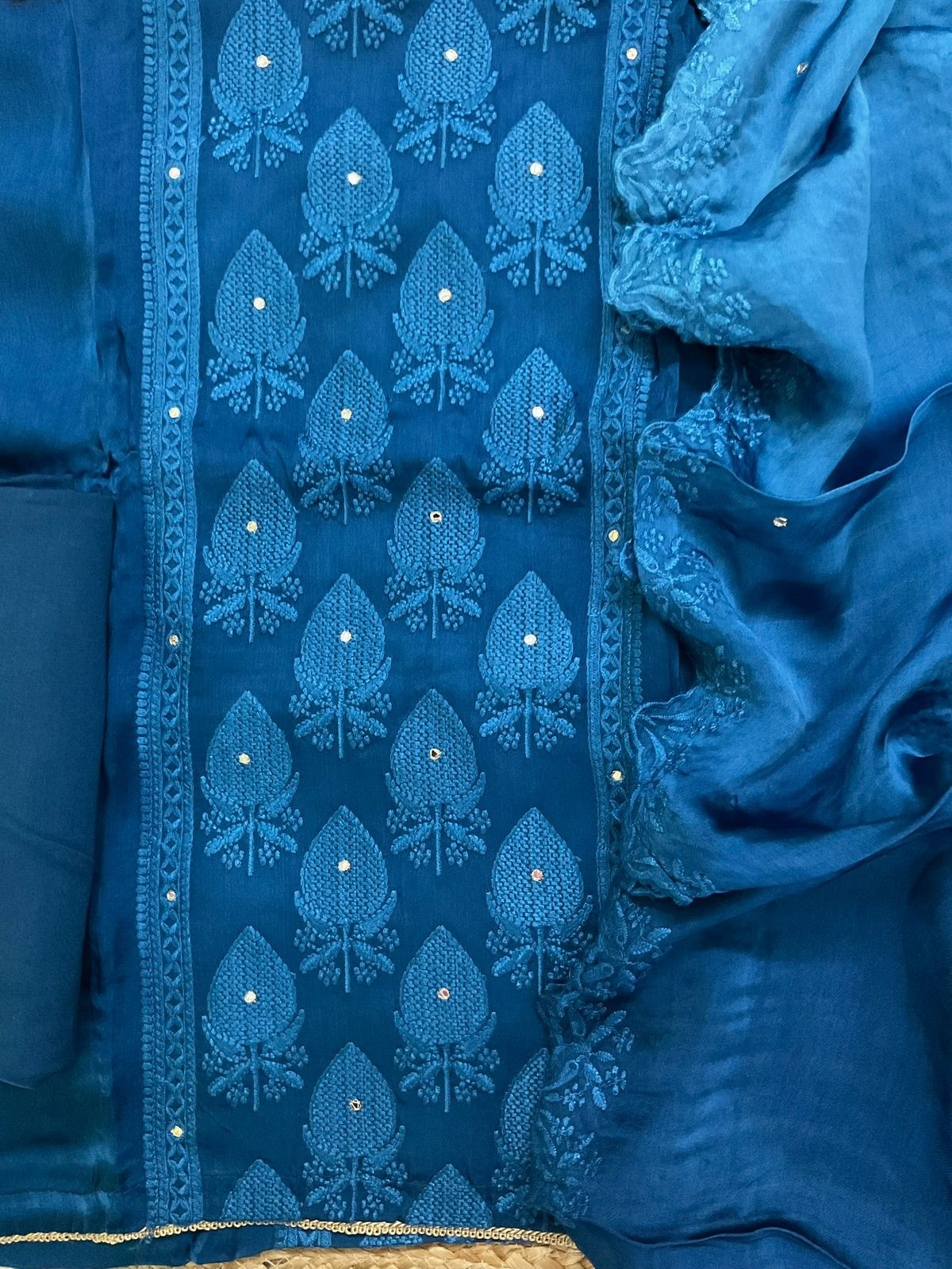 Pure Modal Silk Embroidered Suit - Blue