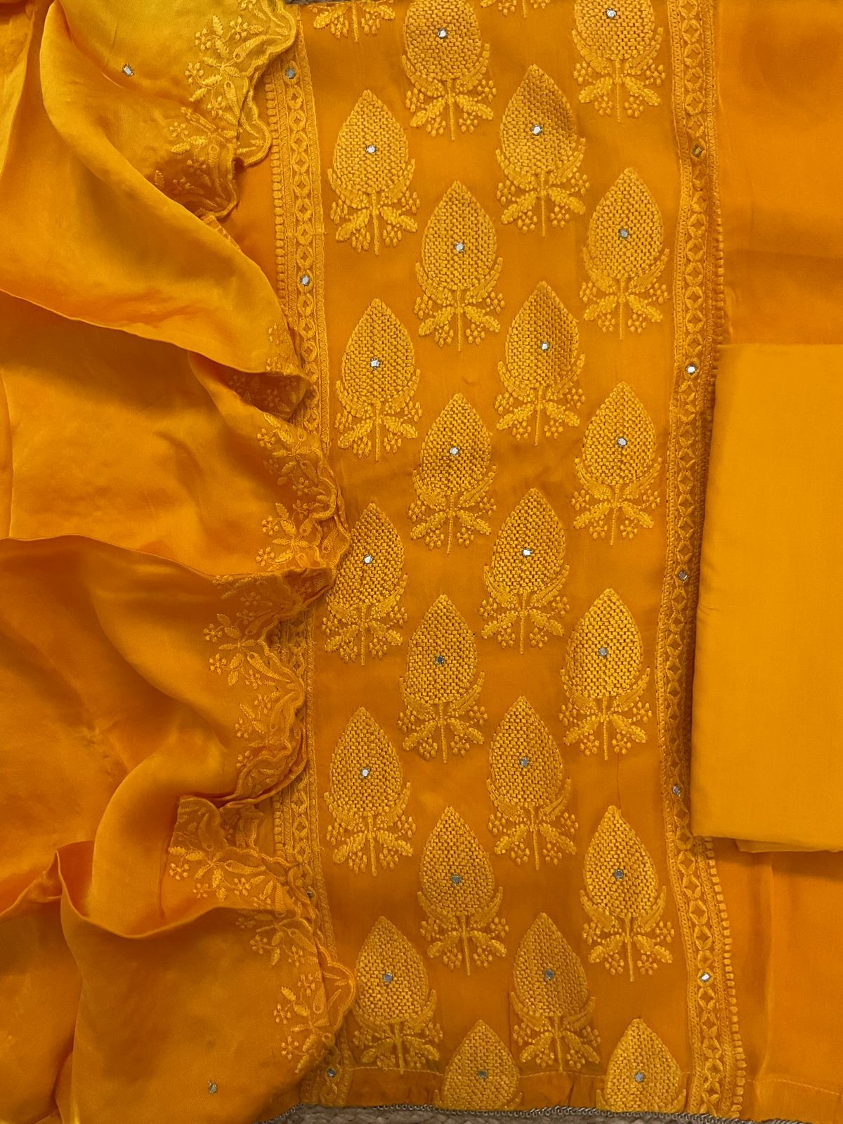 Pure Modal Silk Embroidered Suit - Orange