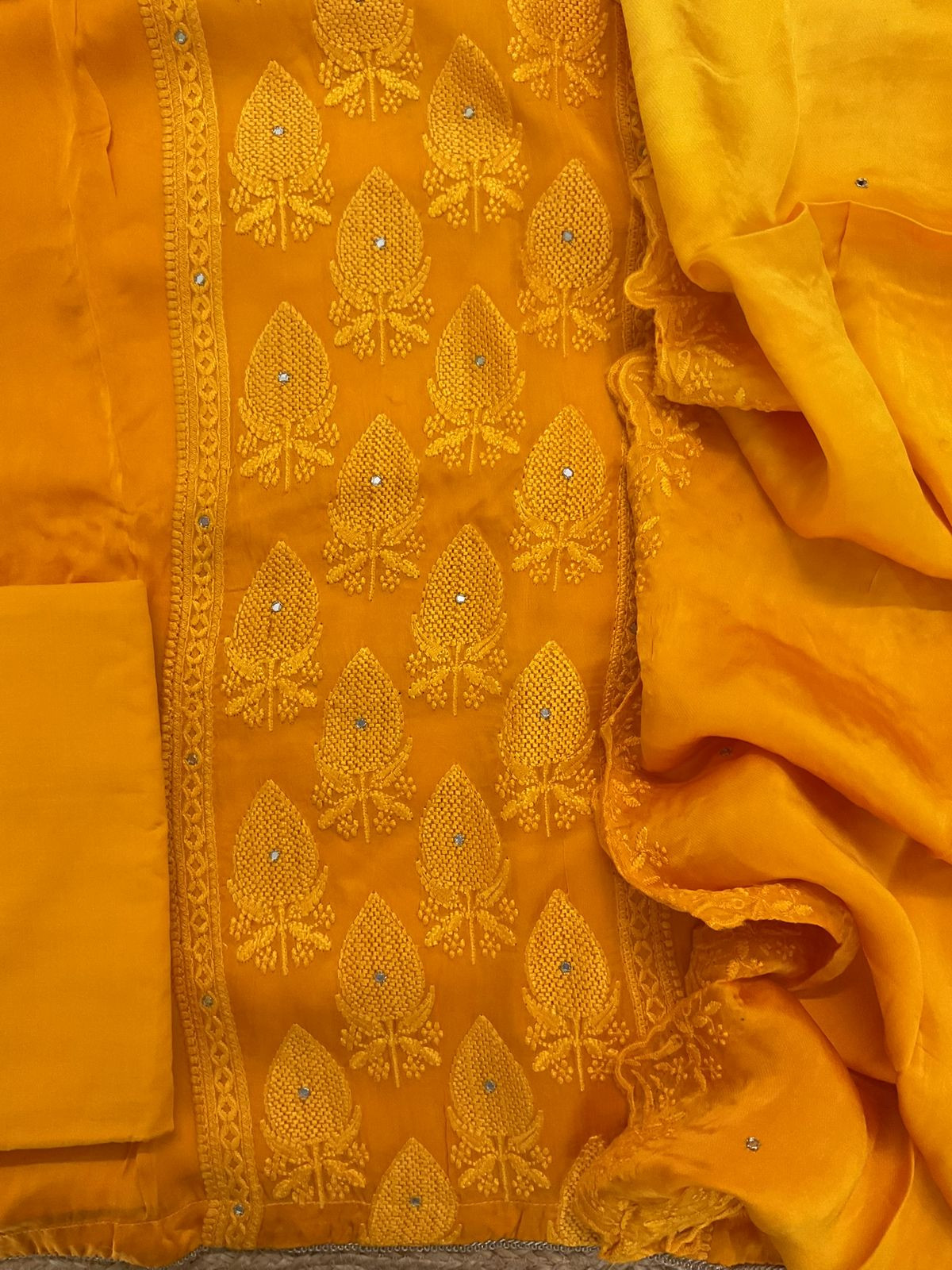 Pure Modal Silk Embroidered Suit - Orange