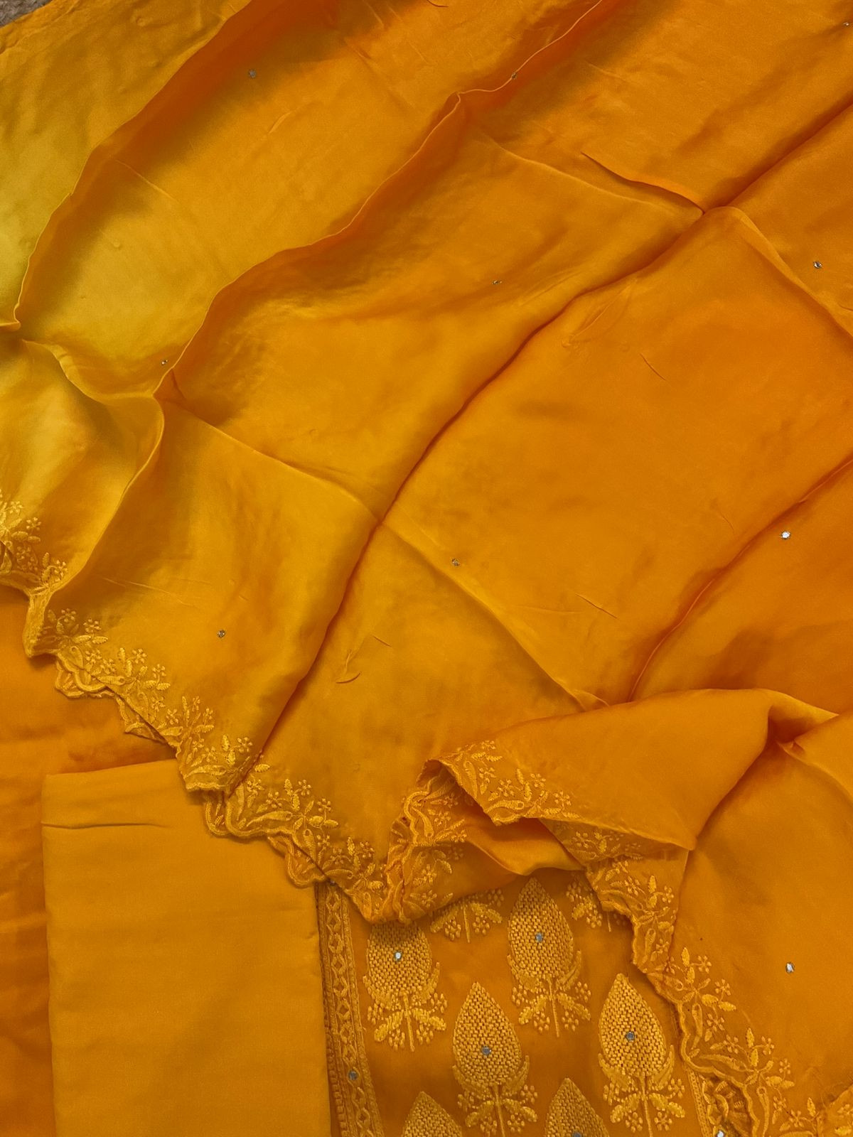 Pure Modal Silk Embroidered Suit - Orange