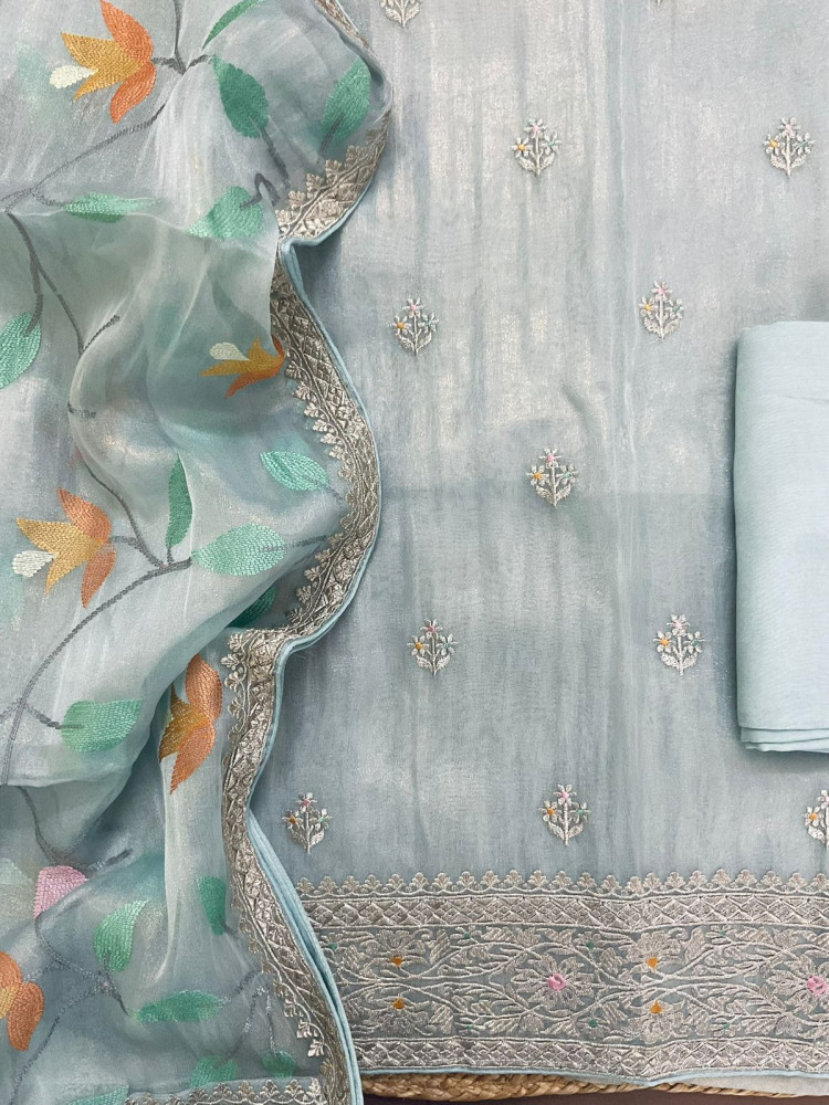 Image of Soft Crushed Tissue Embroidered Suit - Blue