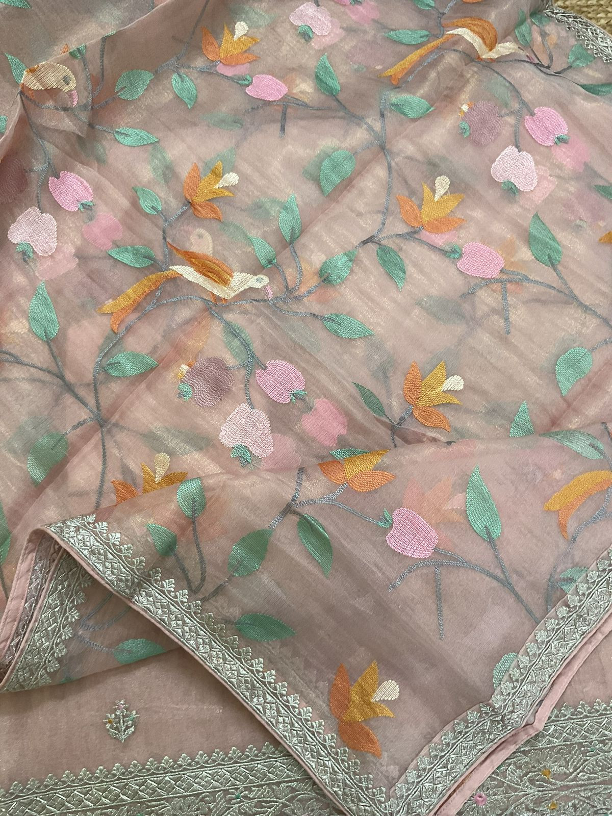 Soft Crushed Tissue Embroidered Suit - Peach