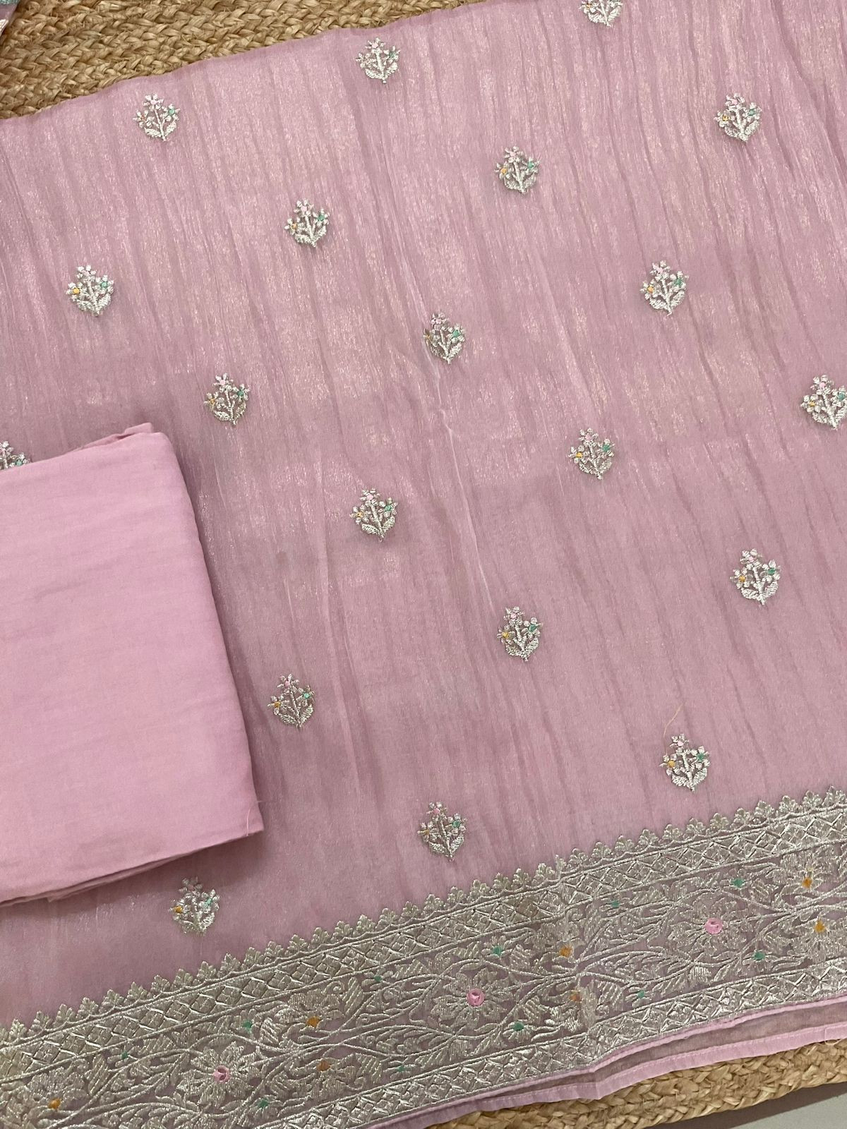 Soft Crushed Tissue Embroidered Suit - Pinkish Lavender