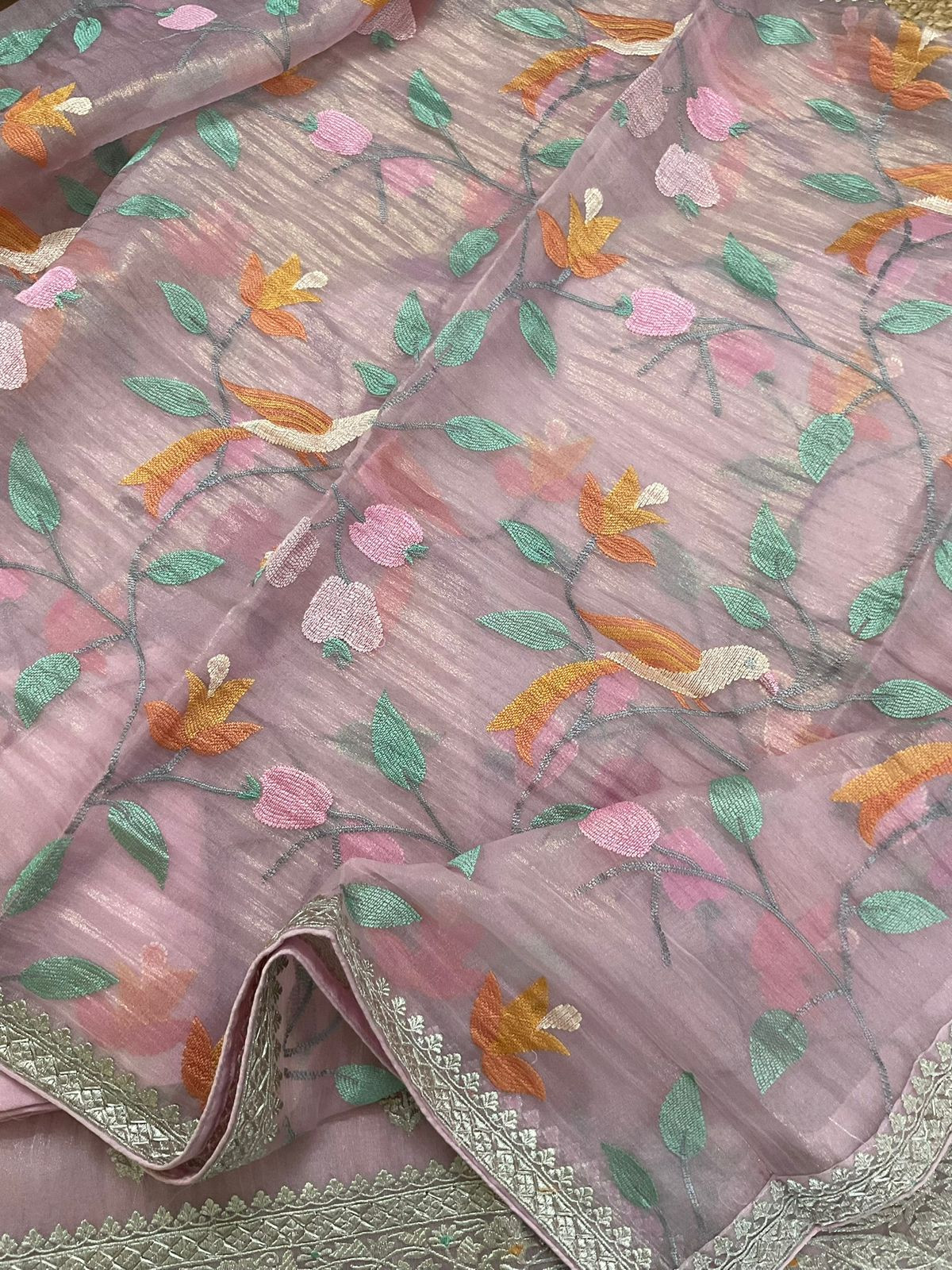 Soft Crushed Tissue Embroidered Suit - Pinkish Lavender