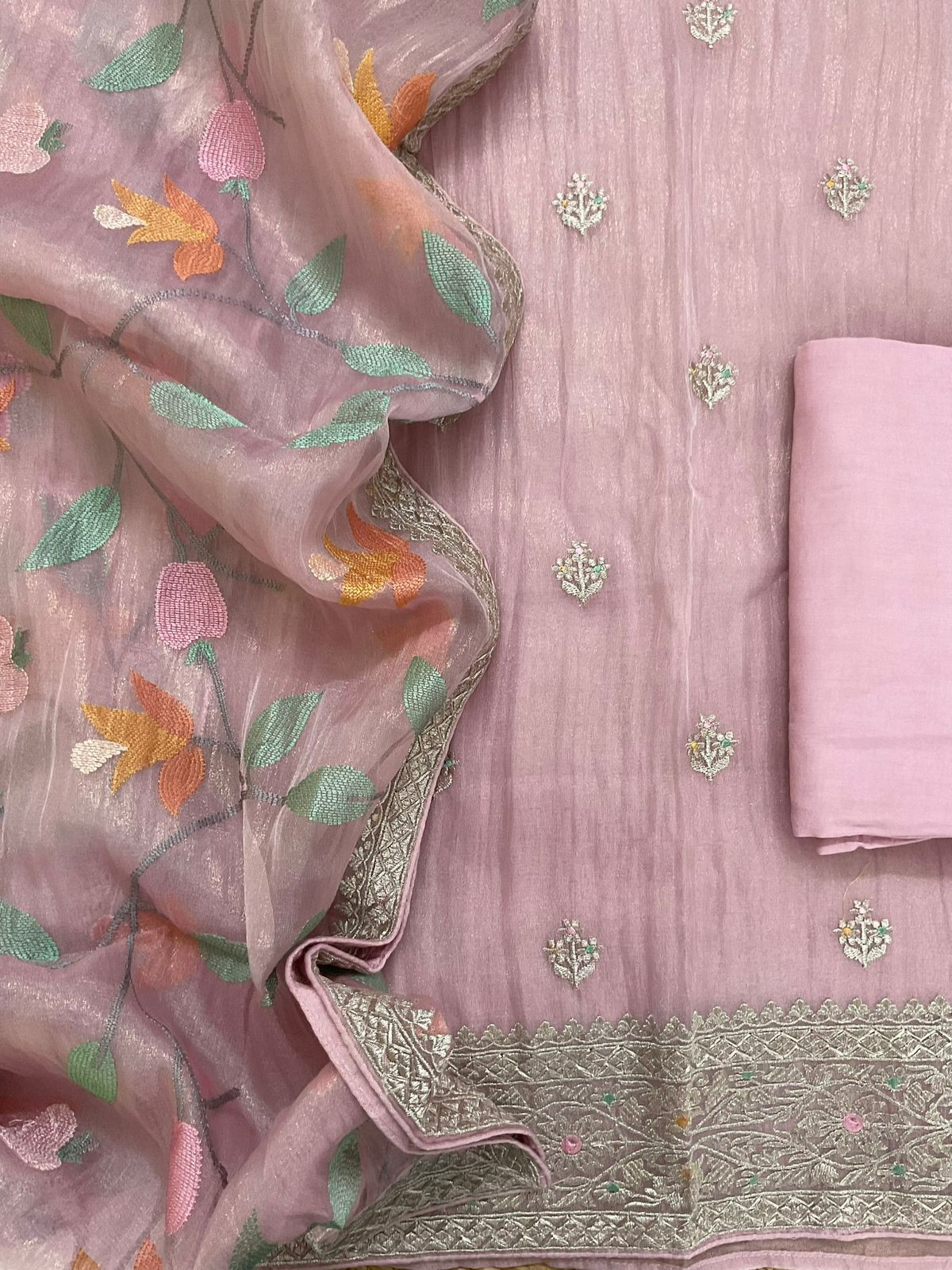 Soft Crushed Tissue Embroidered Suit - Pinkish Lavender