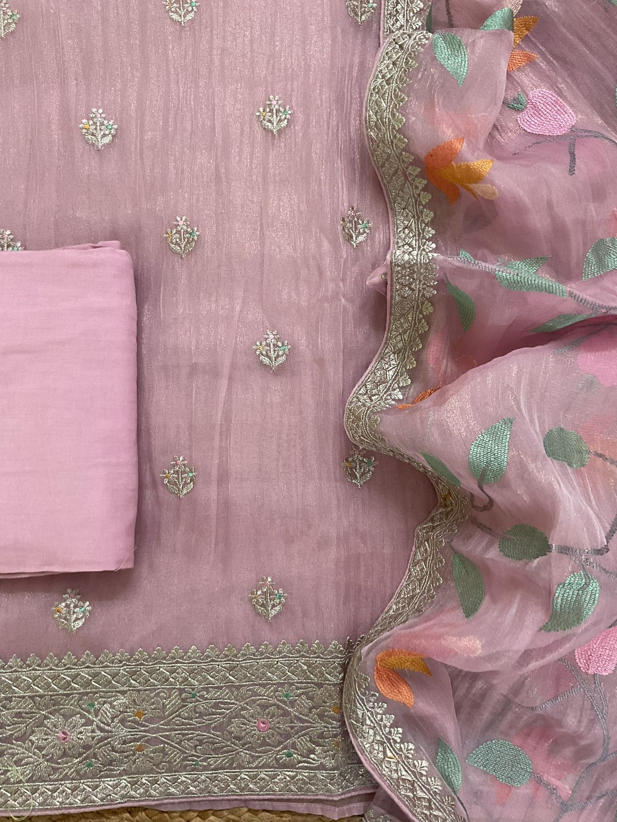 Soft Crushed Tissue Embroidered Suit - Pinkish Lavender