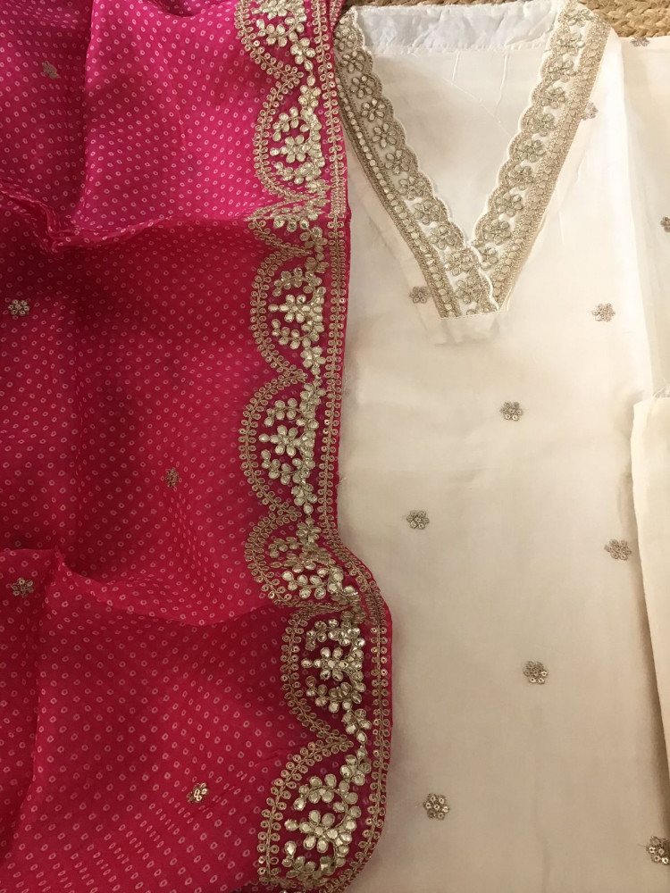 Image of Soft Muslin Silk Embroidered Suit - Off White