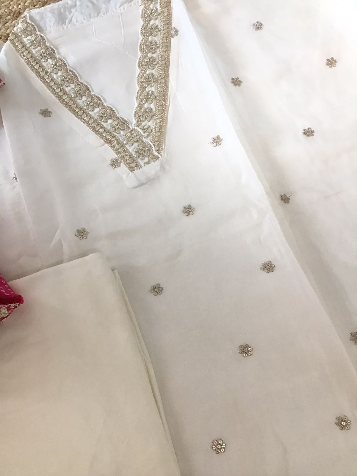Soft Muslin Silk Embroidered Suit - Off White