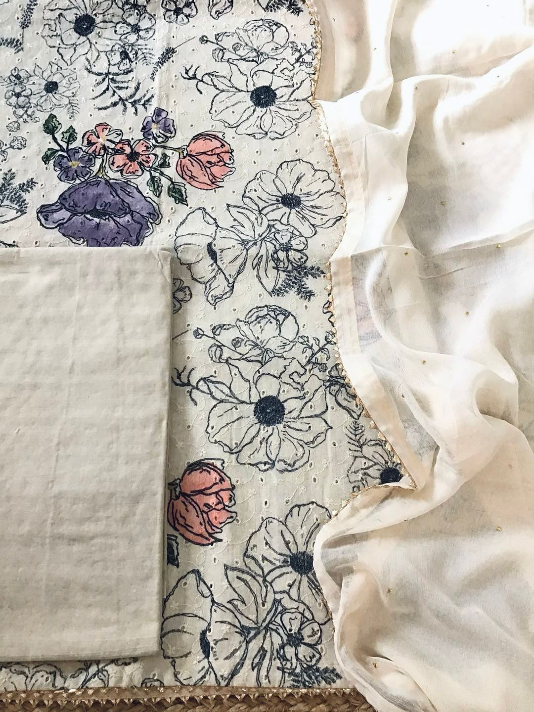 Pure Cotton Printed Embroidered Suit - Beige