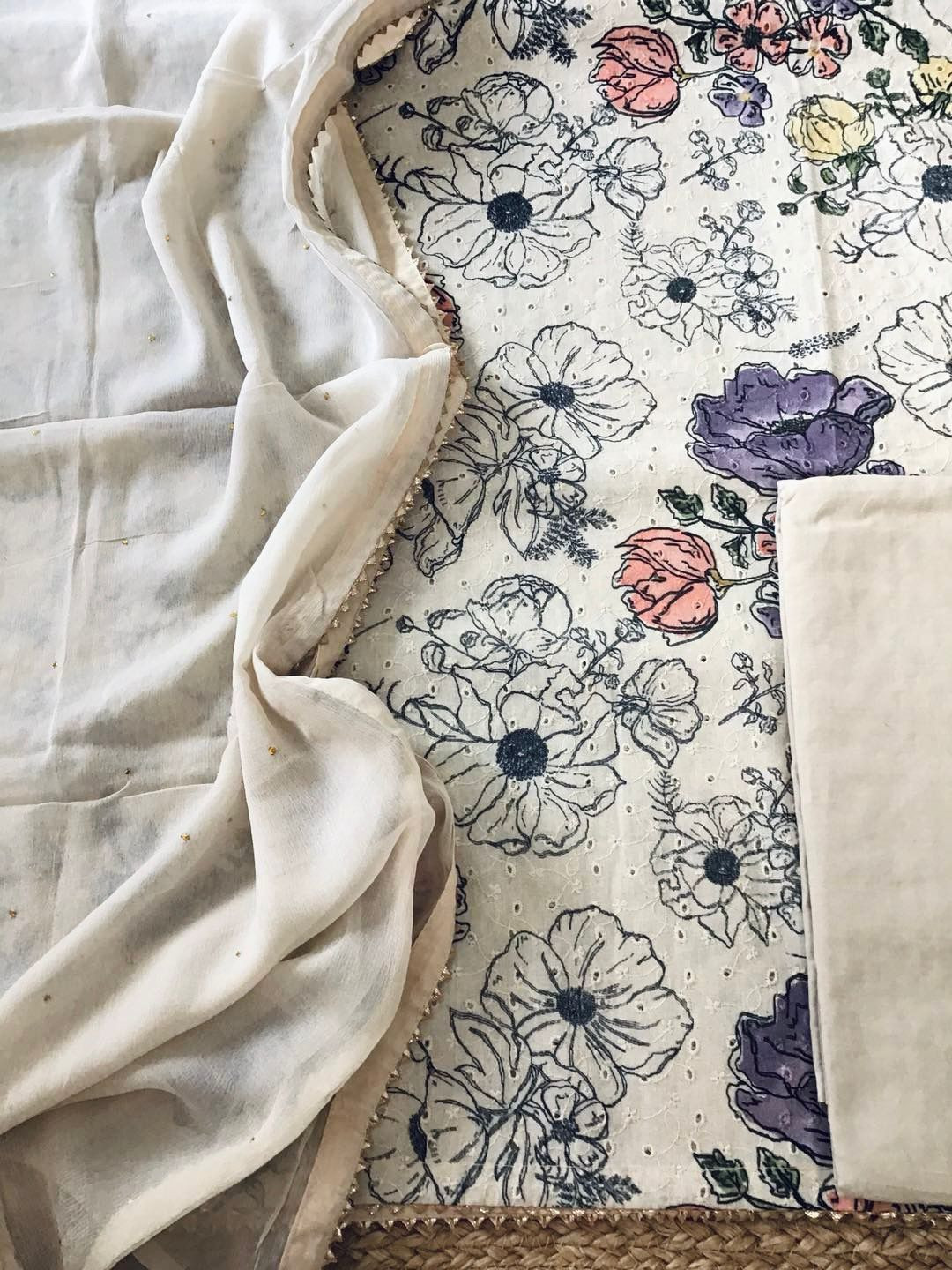 Pure Cotton Printed Embroidered Suit - Beige