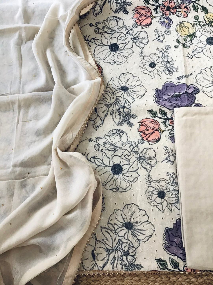 Image of Pure Cotton Printed Embroidered Suit - Beige