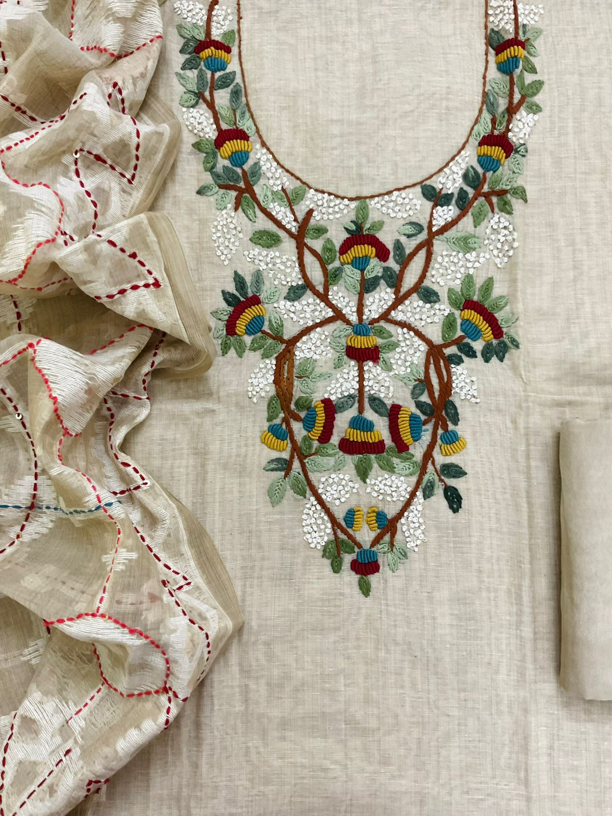 Pure Slub Chanderi Jamdani Weaved Embroidered Suit - Beige