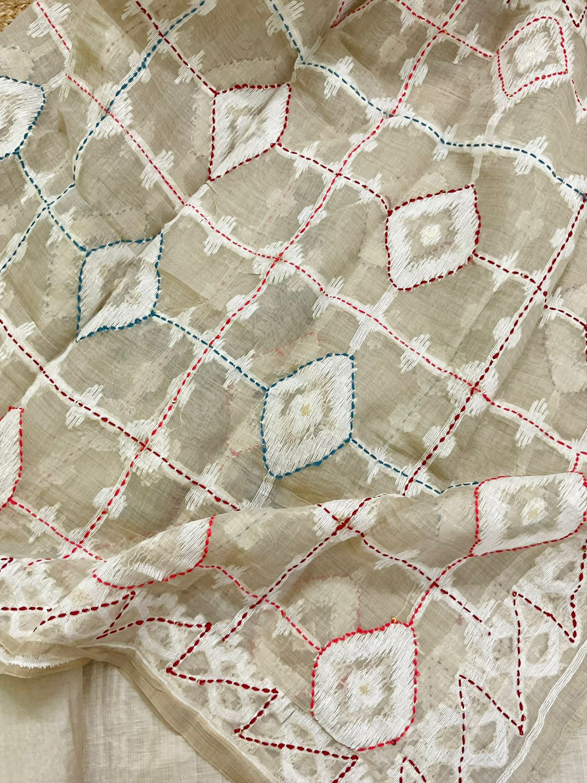 Pure Slub Chanderi Jamdani Weaved Embroidered Suit - Beige