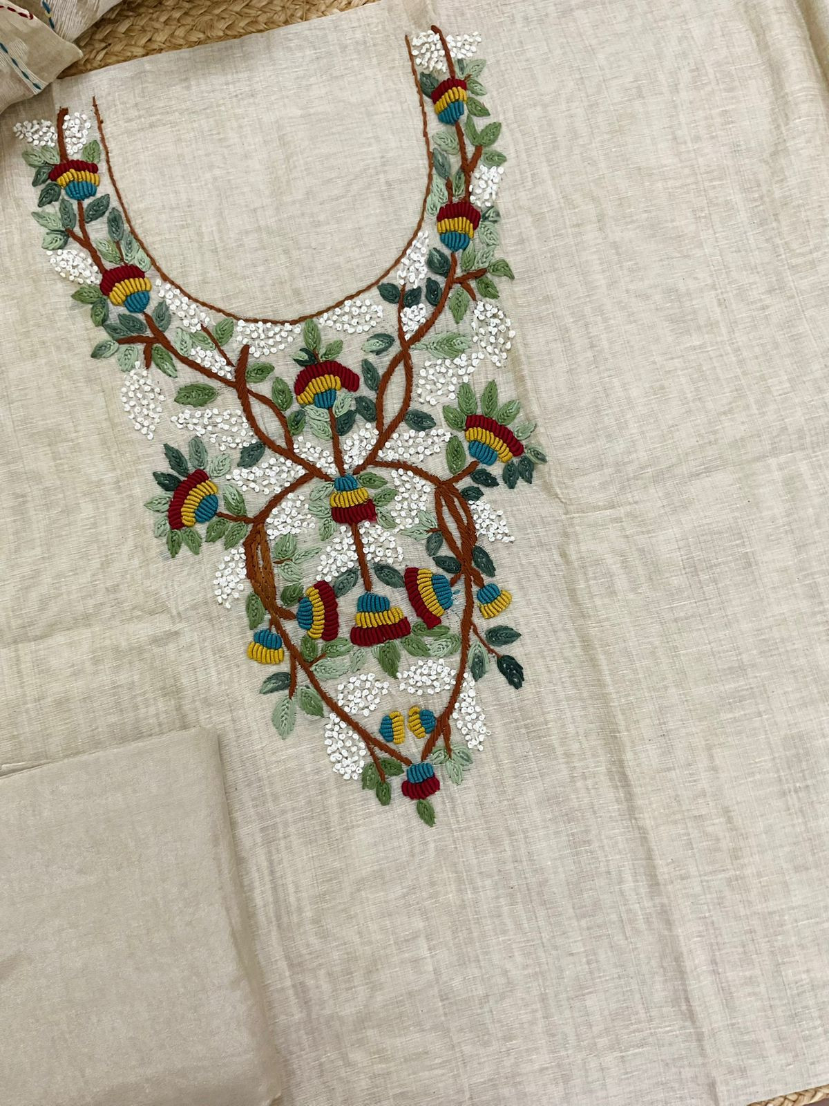 Pure Slub Chanderi Jamdani Weaved Embroidered Suit - Beige