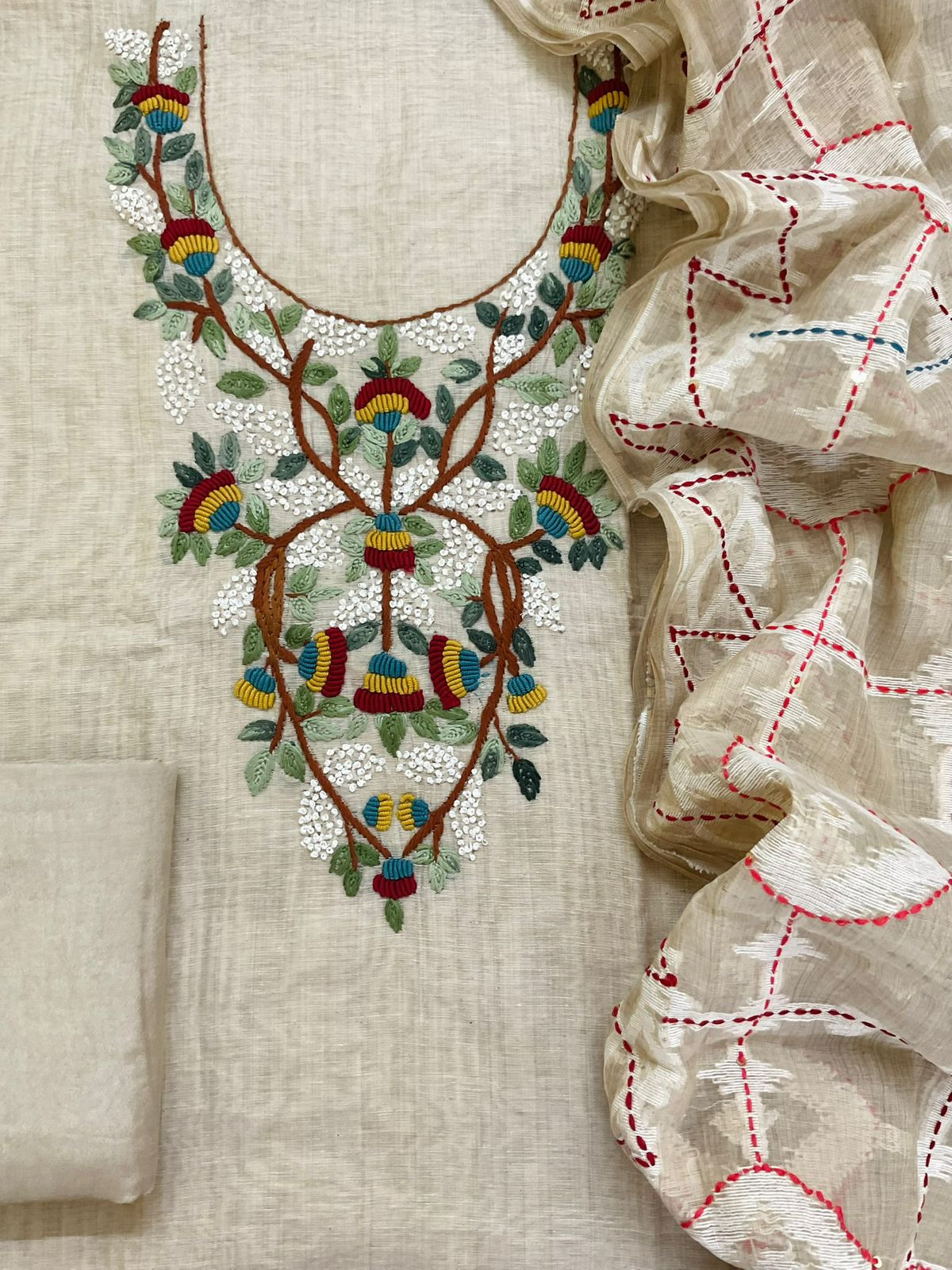 Pure Slub Chanderi Jamdani Weaved Embroidered Suit - Beige