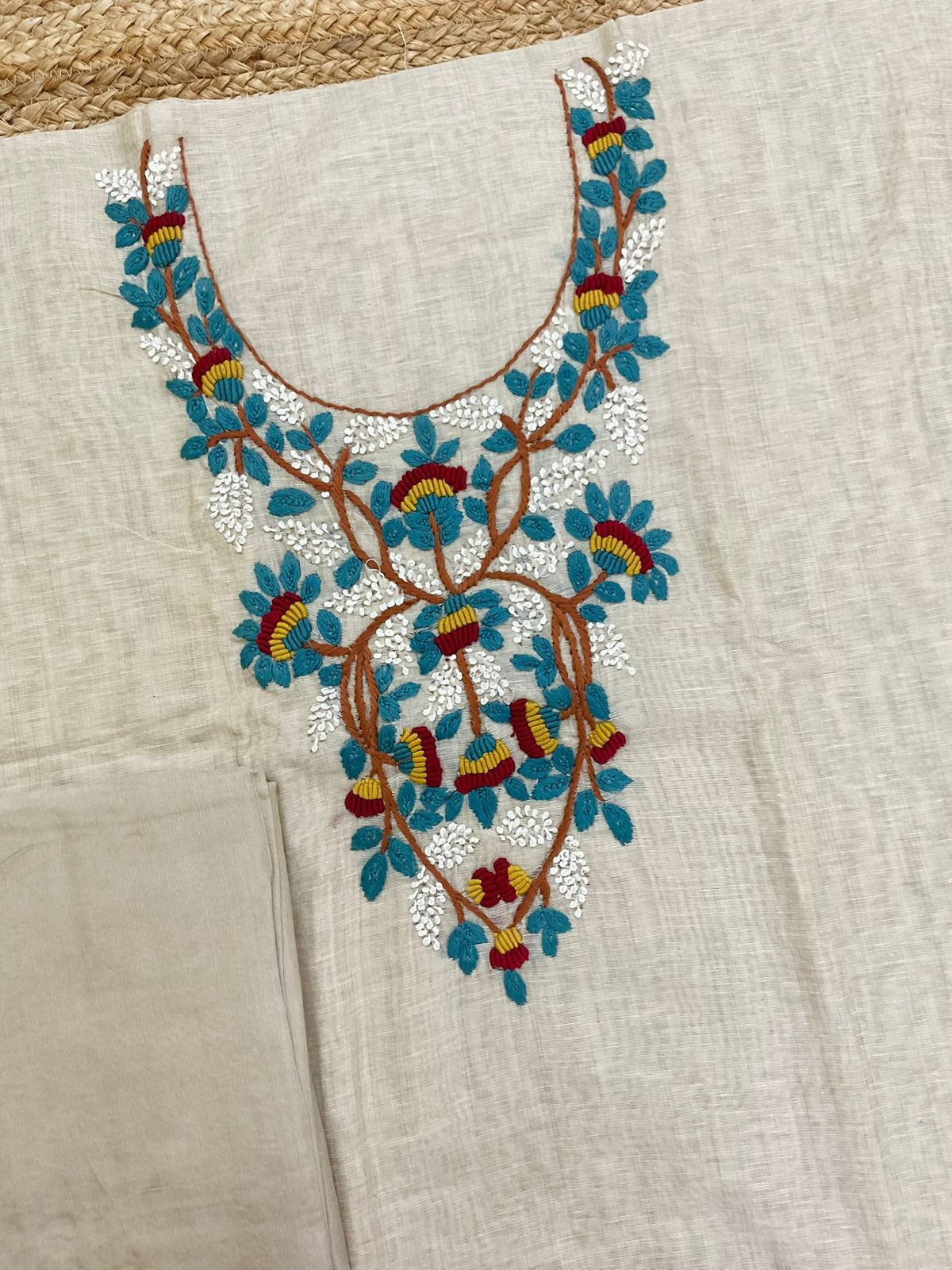 Pure Slub Chanderi Jamdani Weaved Embroidered Suit - Beige