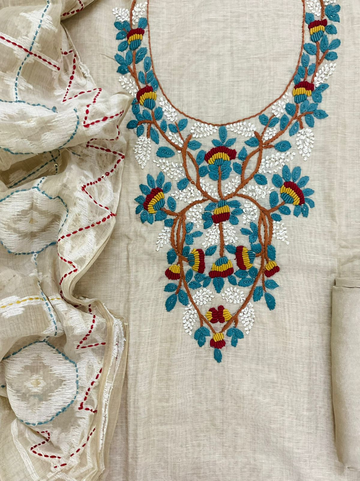 Pure Slub Chanderi Jamdani Weaved Embroidered Suit - Beige