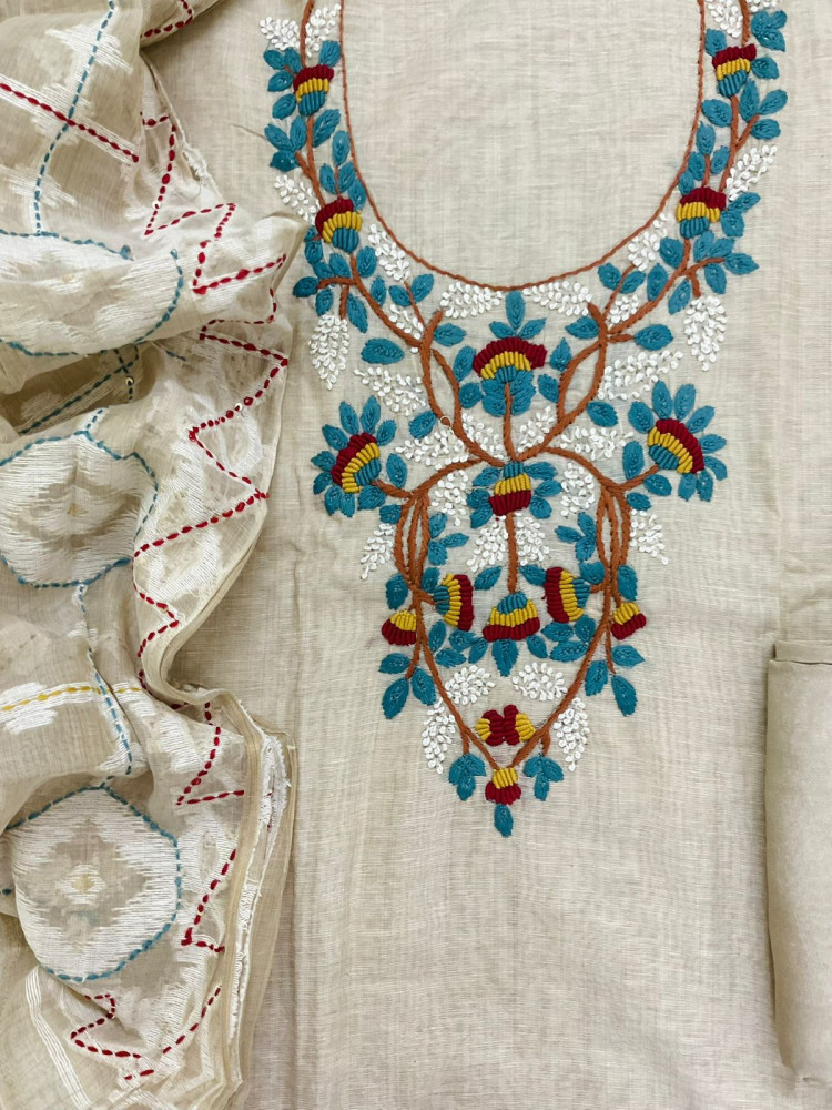Image of Pure Slub Chanderi Jamdani Weaved Embroidered Suit - Beige