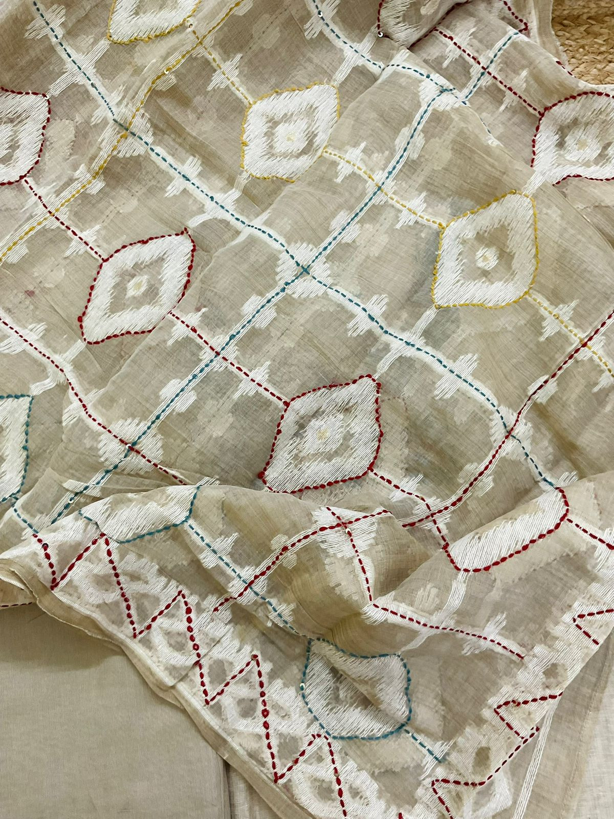 Pure Slub Chanderi Jamdani Weaved Embroidered Suit - Beige